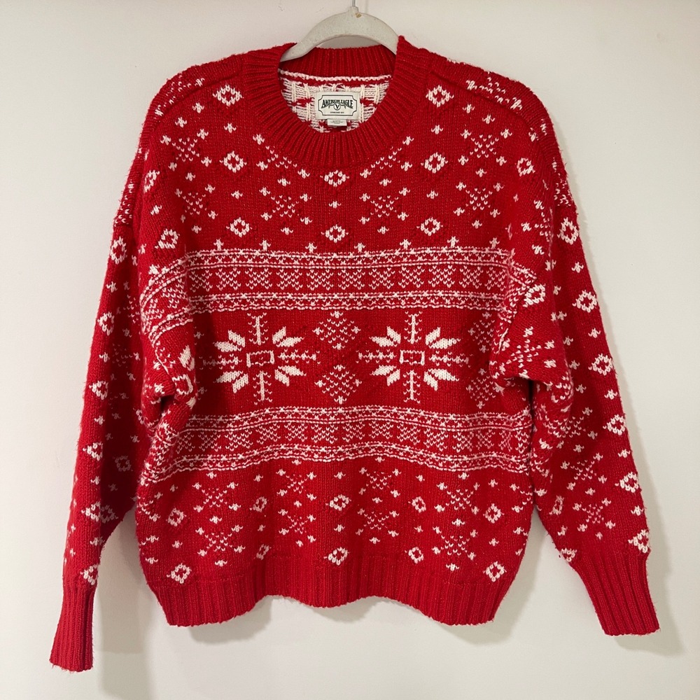 American Eagle Fair Isle Snowflake Sweater‎ Mens Medium Red Knit | Holiday Core